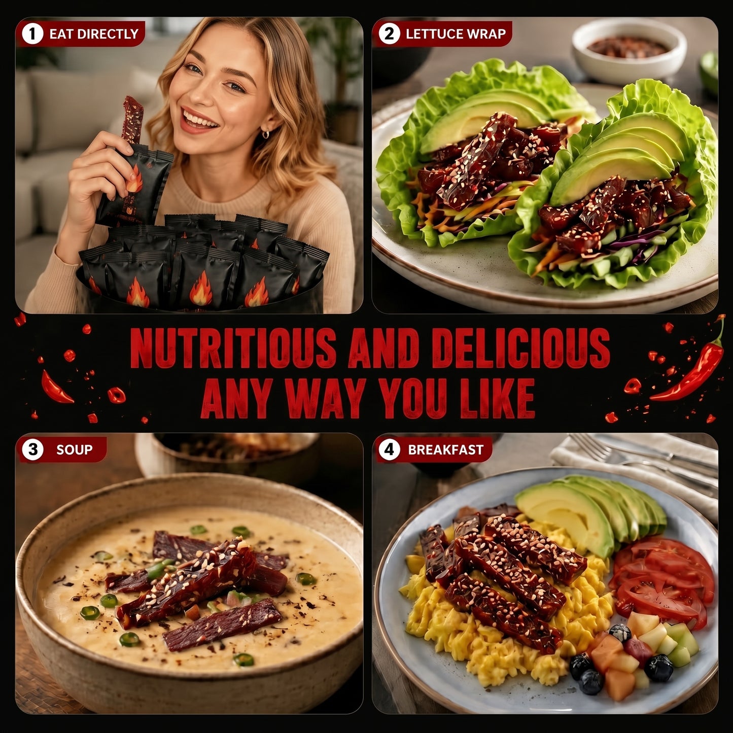 Spicy. Addictive. Guilt-Free.Low-Fat, High-Protein.—spicy air-dried chicken breast jerky——EDC