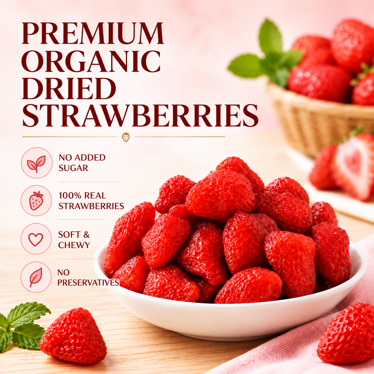 Premium Organic Dried Strawberries | No Sugar Added, Sulfite-Free | Naturally Sweet & Chewy | 100% Pure Fruit-WHM