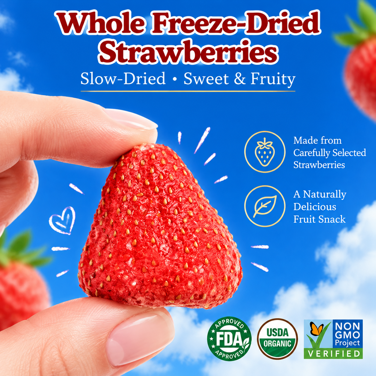 Naturally Sweet Freeze-Dried Strawberries – Crispy, Rich Berry Flavor & Delicious. Pure & Natural, No Additives.——GTR