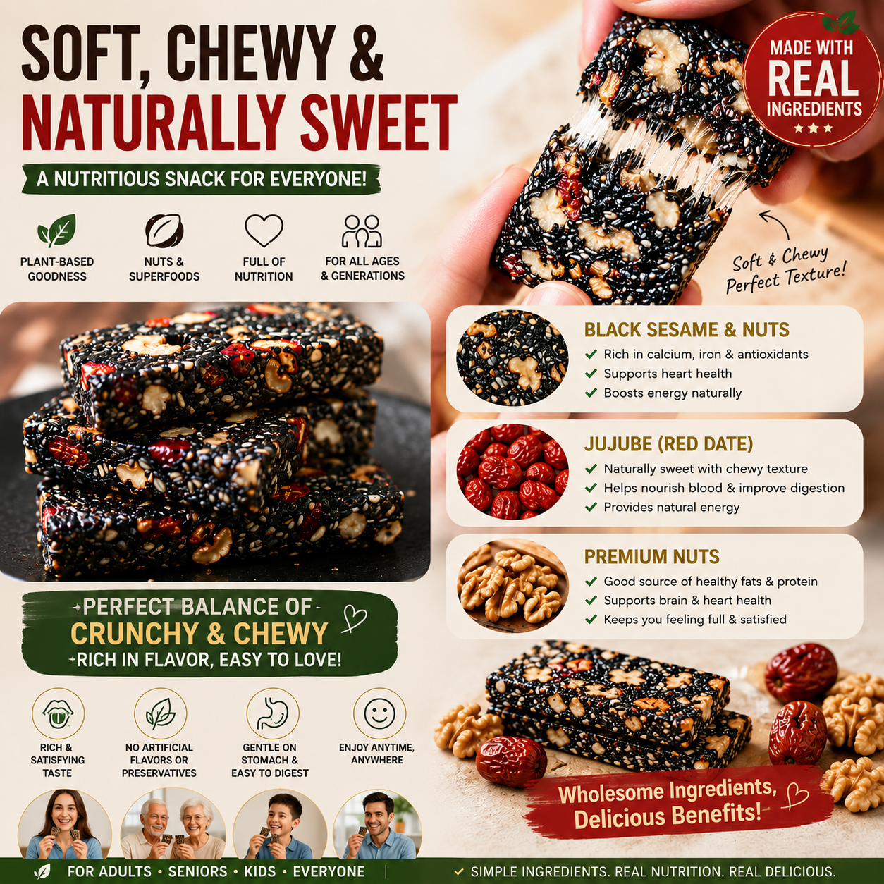 Naturally Sweet Black Sesame Snack Bars | Soft & Chewy • Packed with Nuts • Family Favorite-OKN