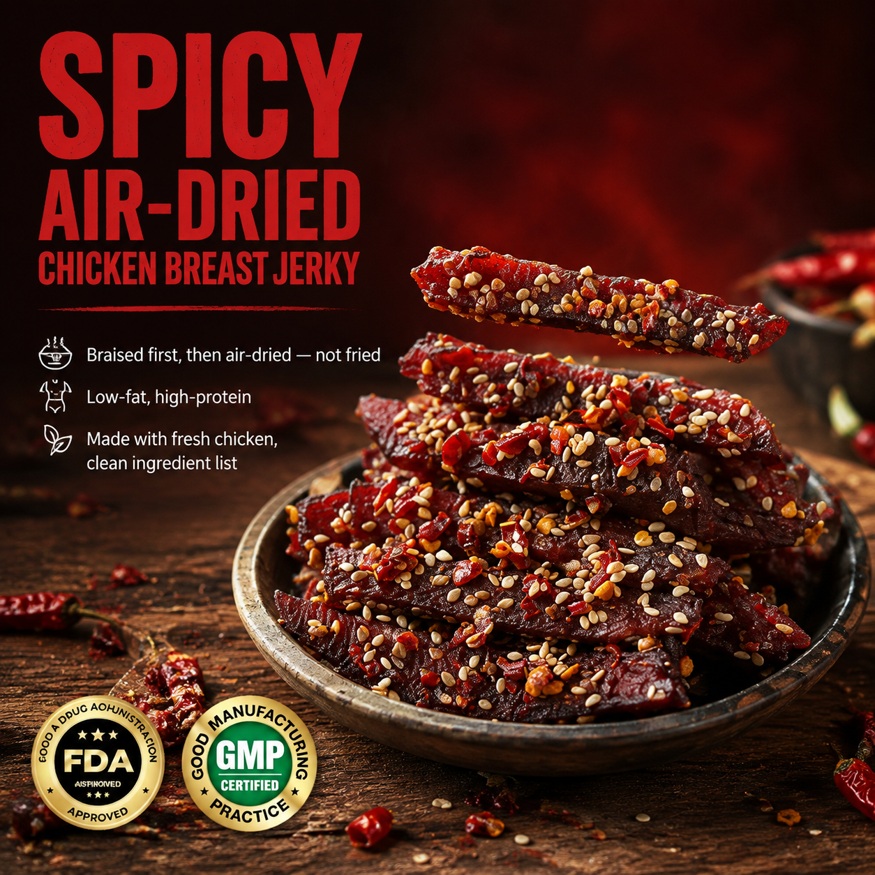 Spicy. Addictive. Guilt-Free.Low-Fat, High-Protein.—spicy air-dried chicken breast jerky——EDC