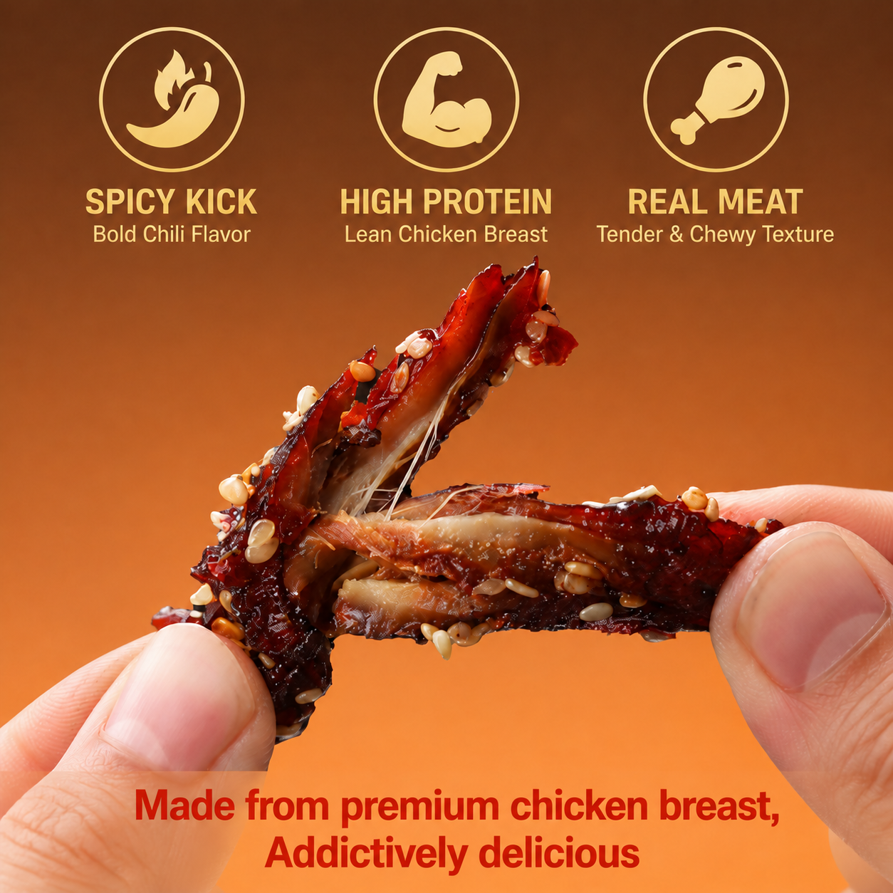 Spicy. Addictive. Guilt-Free.Low-Fat, High-Protein.—spicy air-dried chicken breast jerky——EDC