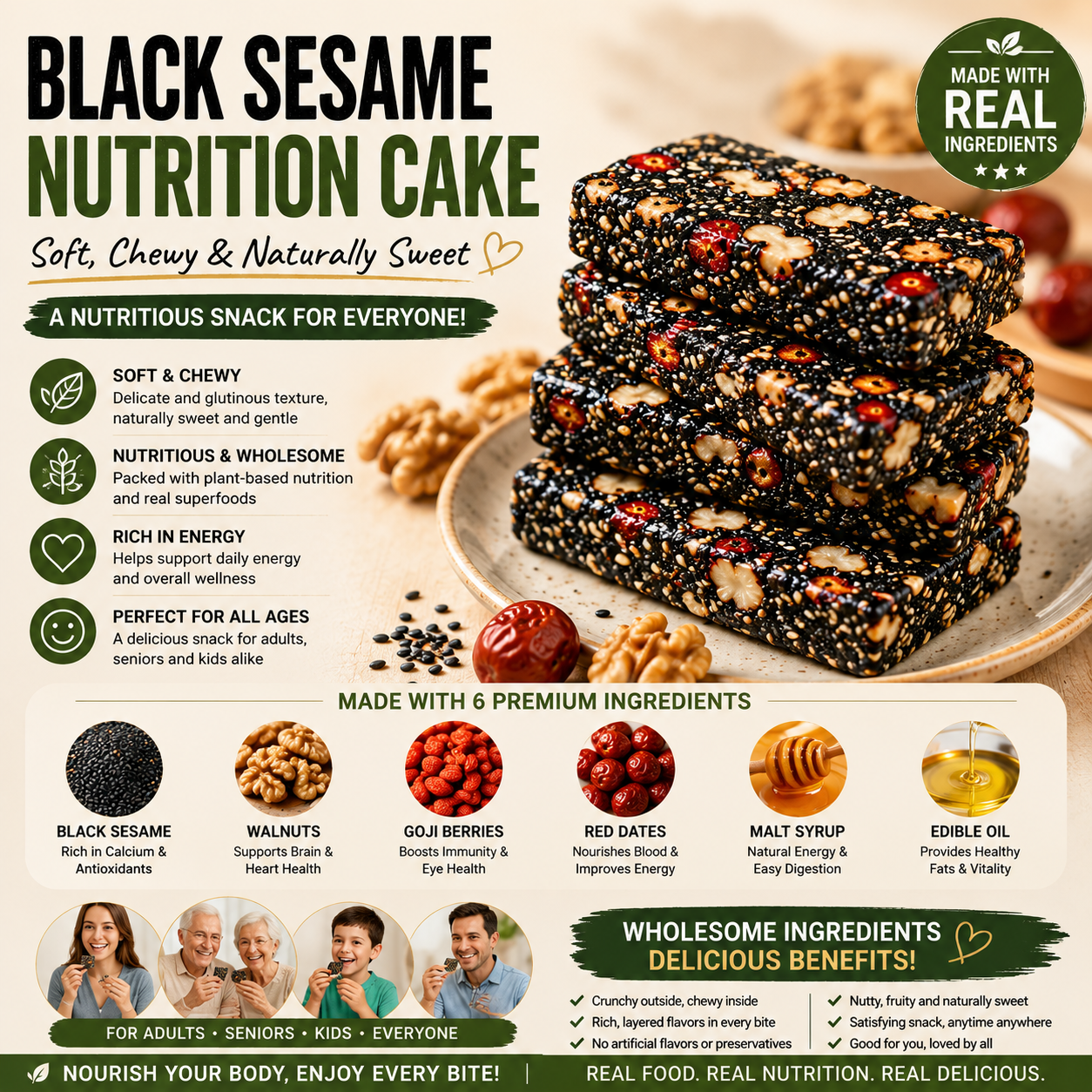 Naturally Sweet Black Sesame Snack Bars | Soft & Chewy • Packed with Nuts • Family Favorite-OKN