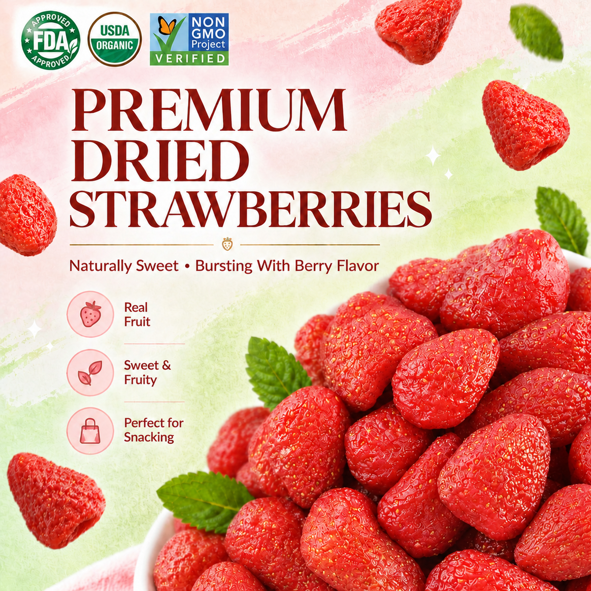 Naturally Sweet Dried Strawberries – Natural Berry Flavor, Natural Sweetness, Soft & Chewy——GTR