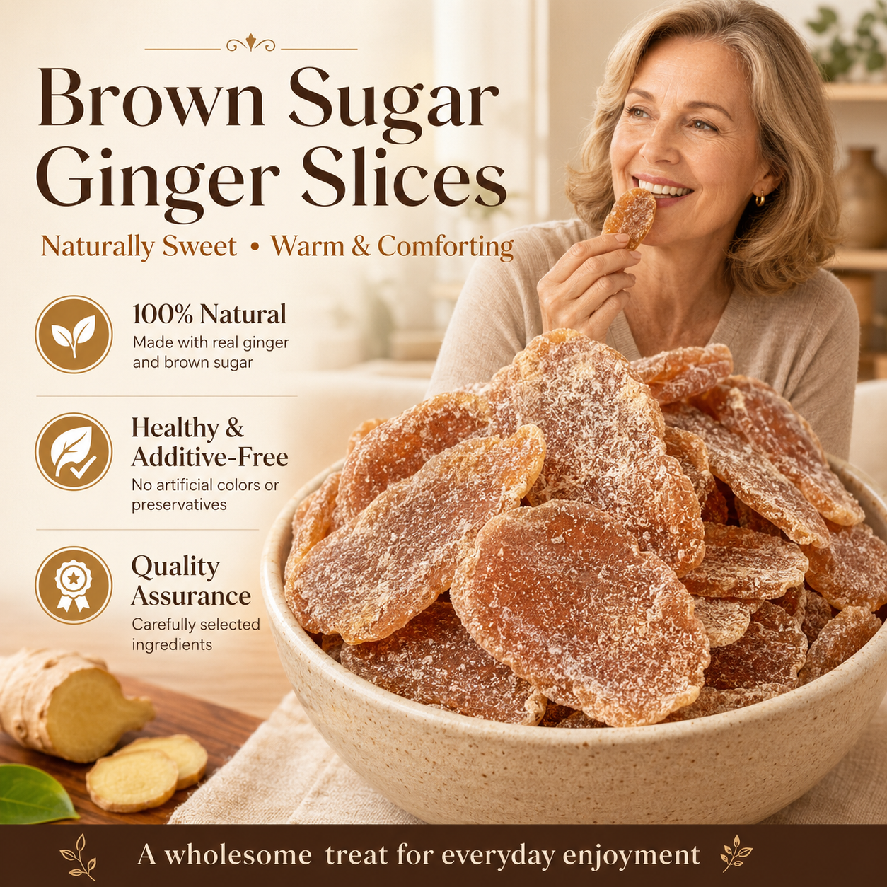 Natural additive-free herbal brown sugar ginger slices—caring for your health.-YOY